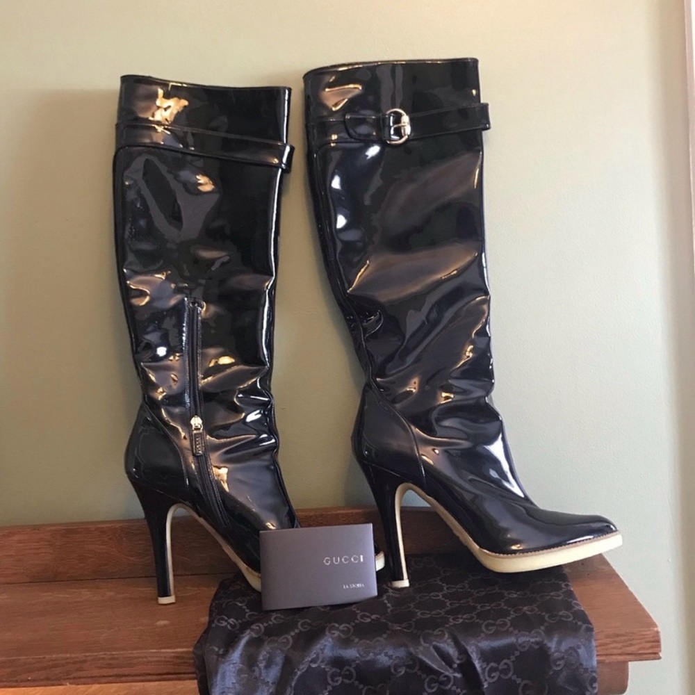 Gucci Black Patent Leather Knee-High Boots